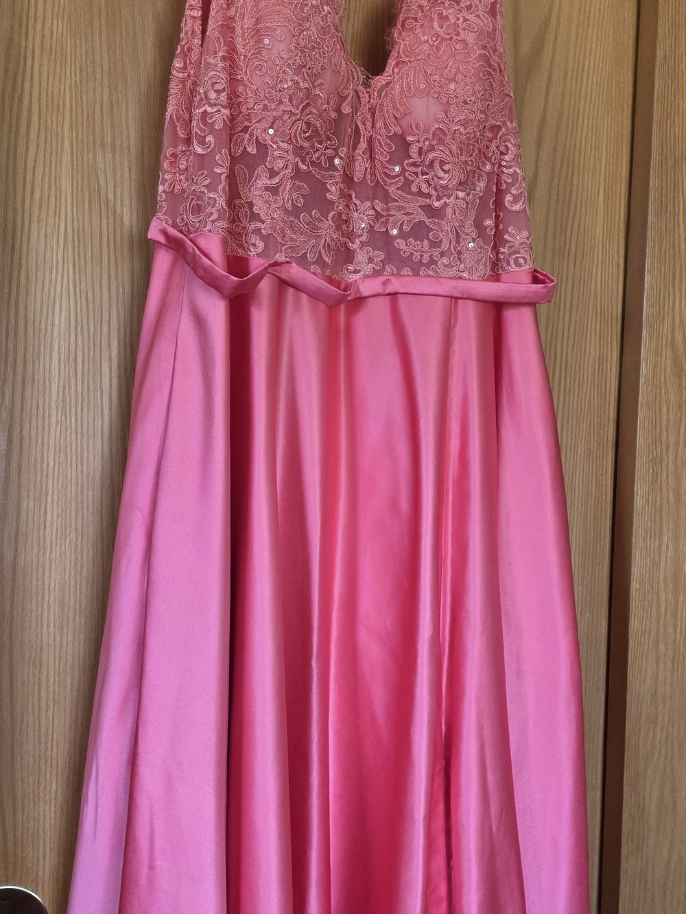 JJ House Pink Lace-Trim Satin Gown
